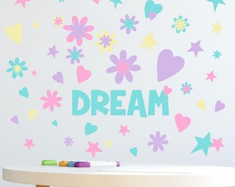 DREAM Word Flowers, Hearts, Stars Girls Wall Decals