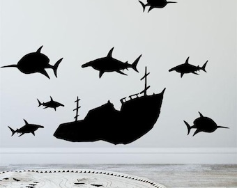 Black Sunken Ship & Shark Wall Decals, Vinyl Boys Room Wall Sticker, Undersea Ocean Theme Idea Great Birthday Gift for Toddler or Teen