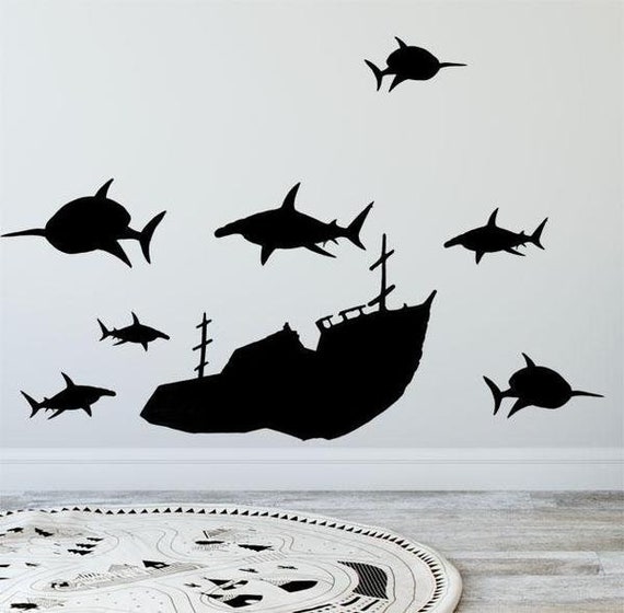 Black Sunken Ship Shark Wall Decals Vinyl Boys Room - Black And White Wall Decals Ocean Black Sunken Ship Shark Wall Decals Vinyl Boys Room - Black And White Wall Decals Ocean