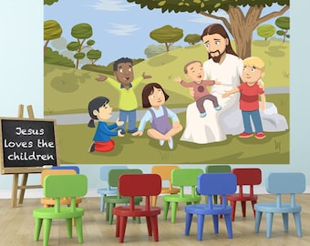 Jesus Love The Kids Church Wall Mural ~Children's Religious Ministry Preschool Room Decor