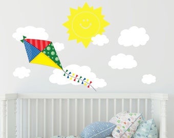 Create-A-Mural Preschool Decals Colorful Kite Wall Decal w/ Happy Sun and Clouds Wall Sticker Decor