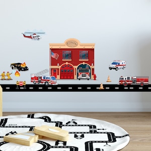 Fire Station Brigade Wall Decals, Fire Truck Vehicles Wall Stickers for Boys Rooms, Kids Room Decor Stickers for Bedrooms & Playrooms
