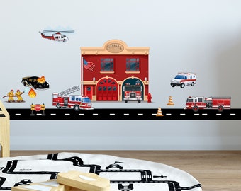 Fire Station Brigade Wall Decals, Fire Truck Vehicles Wall Stickers for Boys Rooms, Kids Room Decor Stickers for Bedrooms & Playrooms