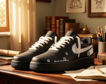 Hand-Painted Custom AF1 Low Sneakers, Black White Slogan Graffiti Shoes, Handmade Unique Sneakers