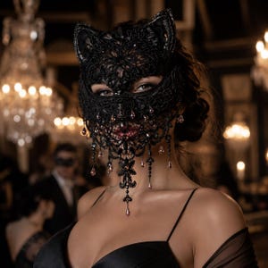 May include: A black lace cat mask featuring intricate floral embroidery, pointed ears, and dangling teardrop-shaped beads. The mask covers the upper face and nose, with delicate lace fringe extending downward, accented by small dark beads and crystals.