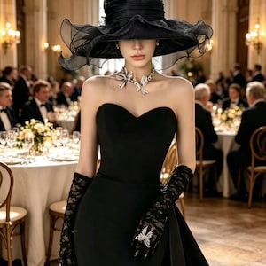 May include: A person in a black strapless gown, wide-brimmed hat, and lace gloves. A butterfly necklace and ring add sparkle. The dress has a high slit. The background shows a formal event with tables and chandeliers.