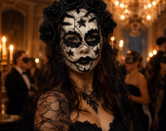 May include: A black lace veil and a crown of black roses worn with a white face mask featuring black star and floral patterns, dark eye makeup, and black lipstick. The ensemble includes a black lace top and a dark beaded necklace.