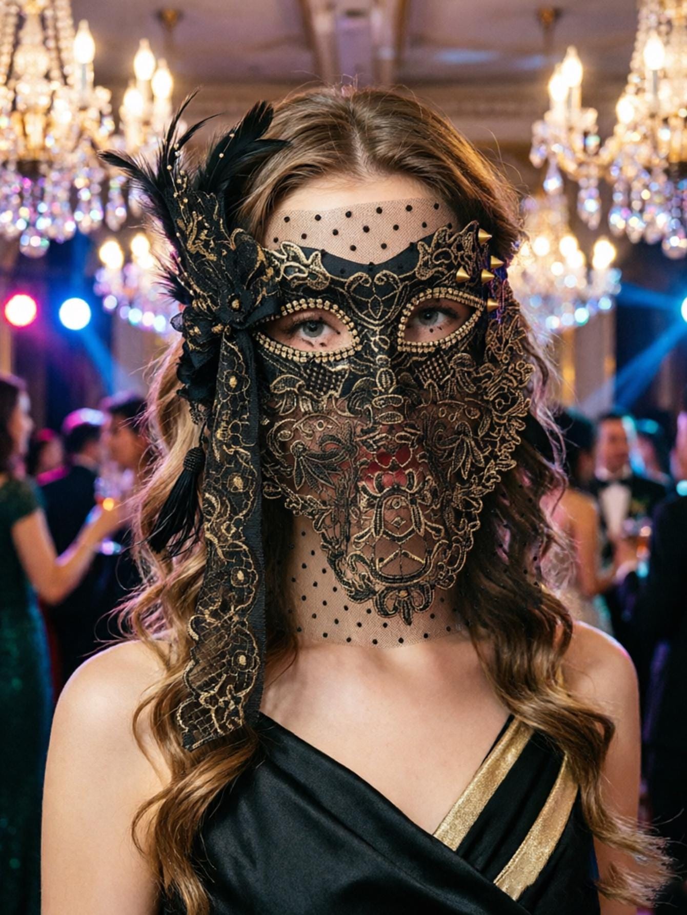 Black Gold Lace Masquerade Mask with Face Veil, Feather, Rhinestones and Studs, Gothic Venetian Mask for Women, Halloween Prom Ball Party