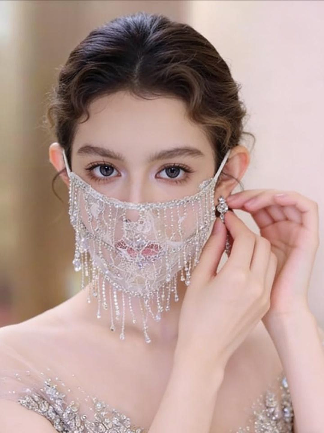 Mask With Rhinestone Bridal Face Mask Rhinestone Lace Veil Wedding Accessories Floral ...