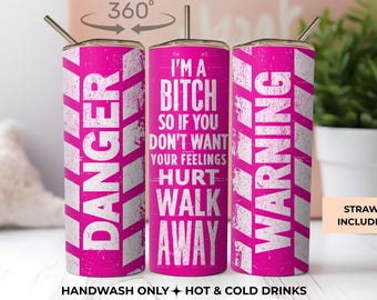 20oz Pink Warning Tumbler, Sarcastic Attitude Cup, Insulated Coffee (Straw Included)