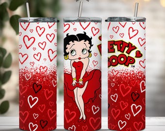 Vaso térmico delgado Betty Boop Red Hearts de 20 oz, ideal para viajes en San Valentín.