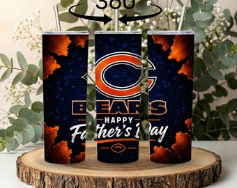 Gobelet pour la fête des pères Bears de Chicago | Gobelet droit fin, 20 oz | Cadeau papa footballeur | Coupe sportive personnalisée | Gobelet éventail Ours