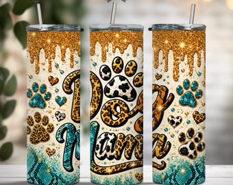 Dog Mom Tumbler | Teal Leopard Paw Print Glitter Coffee Cup