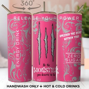 Pink Energy Drink Tumbler 20oz, Monster Inspired, Gamer Girl Cup with Straw zdjęcie 1