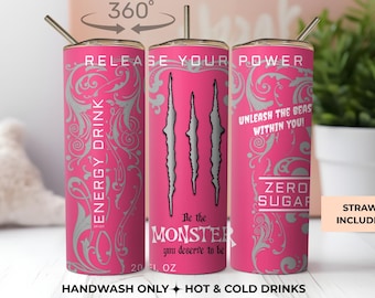 Pink Energy Drink Tumbler | Monster Inspired Stainless Steel Cup (20oz)