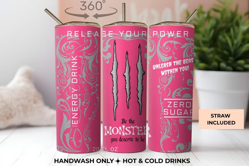 Pink Energy Drink Tumbler 20oz, Monster Inspired, Gamer Girl Cup with Straw zdjęcie 1