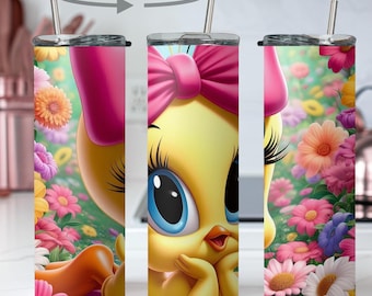 Tweety Bird Floral 20oz Skinny Tumbler | Cartoon Spring Drinkware Cup