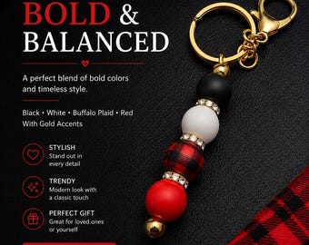 Llavero con cuentas de cuadros búfalo / Charm de silicona para muñeca en rojo, negro y blanco / Detalles dorados
