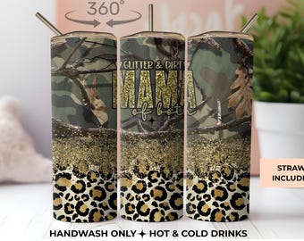 20oz Camo Glitter Tumbler, Leopard Print Insulated Cup with Straw