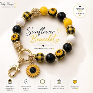 May include: Sunflower bracelet with yellow, black, and white beads. The bracelet features sunflower-themed beads, a gold-colored charm, and a lobster clasp. The text on the image says "Sunflower Bracelet".