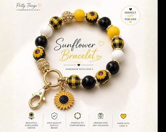 Sunflower Keychain Bracelet Wristlet | Black Yellow Silicone Beads, Gold Charm