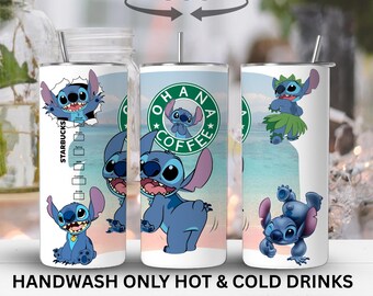 Stitch Inspired 20oz Skinny Tumbler | Tropical Beach Coffee Cup, Stainless Steel With Straw