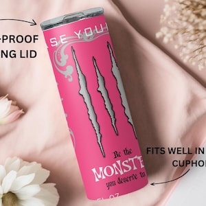 Pink Energy Drink Tumbler 20oz, Monster Inspired, Gamer Girl Cup with Straw zdjęcie 3