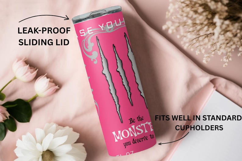 Pink Energy Drink Tumbler 20oz, Monster Inspired, Gamer Girl Cup with Straw zdjęcie 3