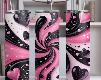 Vaso térmico de acero inoxidable con diseño de corazón rosa y espiral, 591 ml (20 oz), diseño delgado.