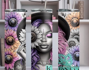 Vaso con diseño de la diosa del girasol morado, taza de acero inoxidable con estampado floral de mujer negra