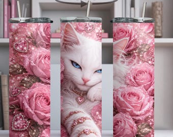 Vaso térmico Pink Rose Cat de 20 oz, vaso delgado, vaso de acero inoxidable con gatito blanco, regalo para amantes de los gatos, vaso térmico floral rosa, vaso con diseño de gato adorable