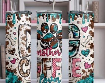 Dog Mom Coffee Tumbler | Teal Cow Print Leopard Paw Stainless Steel Cup