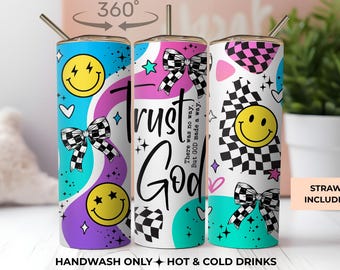 20oz Christian Tumbler, Trust God Faith Cup, Smiley Face Bow Design