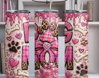 Pink Dog Mom Tumbler | Leopard Paw Print Glitter Cup, Stainless Steel Straw