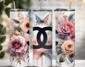 Vaso térmico de acero inoxidable con diseño floral de mariposas, rosas en acuarela y mariposas, 20 oz (incluye pajita).