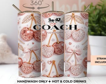 20oz Cherry Bow Tumbler, Pink Glam Insulated Coffee Cup (Straw Included)