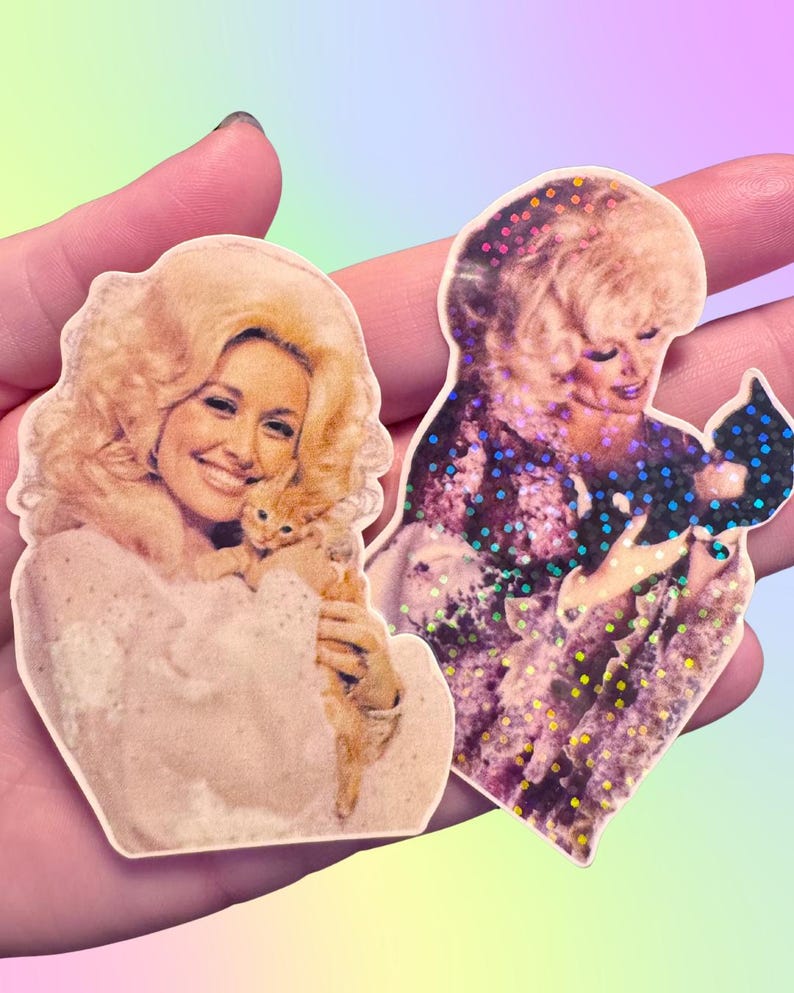 May include: Two die-cut stickers featuring a portrait of a blonde person with voluminous hair holding a small kitten. One sticker has a matte finish with warm tones, while the other features a holographic overlay with a repeating dot pattern.