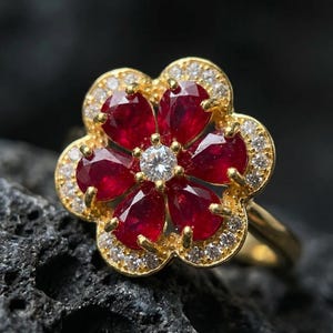 Ruby Flower Ring, Natural Ruby Adjustable 18K Plated 925 Silver