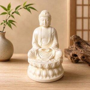 May include: A cream-colored Buddha statue in a seated meditation pose, resting on a double-layered lotus flower base. The figure features detailed hair curls, closed eyes, and draped robes, crafted with a smooth, matte finish throughout.