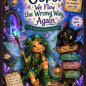 May include: A journal cover titled Oops! We Flew the Wrong Way Again, featuring a green-haired fairy with wings holding a glowing crystal staff. A small black bat sits on a signpost with directional arrows. A mission list and a purple shoe are visible.
