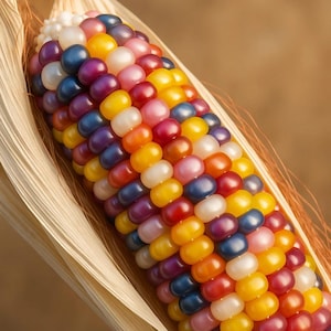 May include: Close-up of a colorful ear of corn with kernels in shades of yellow, orange, red, pink, purple, blue, and white. The corn is partially wrapped in dried, beige husks, with a blurred brown background.