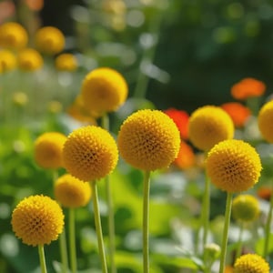 May include: A cluster of bright yellow, spherical flowers with dense, textured petals on slender green stems. The round blooms are arranged in a garden setting with a soft, out-of-focus background of green foliage and hints of orange floral shapes.