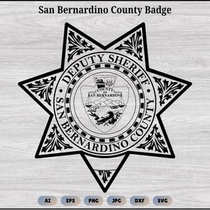 May include: Black and white San Bernardino County Deputy Sheriff badge. The badge is star-shaped with the words "San Bernardino County Deputy Sheriff" around a central emblem. The text "San Bernardino County Badge" is at the top.