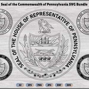 Könnte beinhalten: Ein schwarz-weißes SVG-Bundle mit dem Siegel des Commonwealth von Pennsylvania. Das Design umfasst das Staatssiegel und die Worte "Seal of the House of Representatives of Pennsylvania". Das Bild enthält auch Dateityp-Symbole: AI, EPS, PNG, JPG, DXF und SVG.