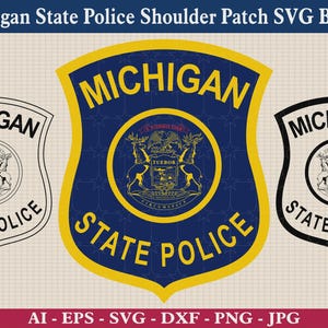 Puede incluir: Un paquete de gráficos digitales con tres variaciones del parche de hombro de la Policía Estatal de Michigan. Los diseños incluyen una versión a todo color azul y amarillo, una versión de contorno negro y una versión negra sólida, con el sello.