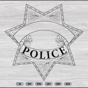 May include: A black and white line art graphic of a seven-pointed star-shaped police badge. The design features intricate scrollwork and floral filigree patterns along the edges, with a central banner prominently displaying the word POLICE.