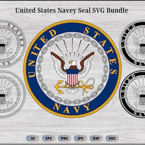 Puede incluir: Un paquete de gráficos digitales que presenta el sello de la Marina de los Estados Unidos en varias variantes. El diseño central muestra un águila calva, un escudo, un ancla y una cadena, con el texto UNITED STATES NAVY.