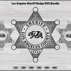 May include: Black and white SVG bundle of Los Angeles Sheriff badges. The design features a star shape with the words "SHERIFF" and "LOS ANGELES COUNTY" surrounding a bear illustration. The image includes file type icons.