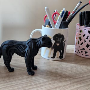 Puede incluir: Una figura de pantera negra se encuentra sobre una superficie de madera, junto a una taza con una imagen de perro y un portalápices rosa. Varios bolígrafos y rotuladores están en los soportes. También hay una caja negra con imanes de huellas de patas y huesos.