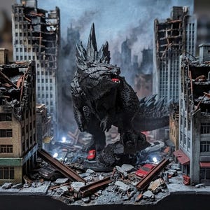 May include: A hand-painted collectible diorama titled "Titanus - City Destroyer" depicts a black monster figure amidst a destroyed city. The miniature buildings are crumbling, with red cars and debris scattered throughout the scene. The background shows a hazy cityscape.